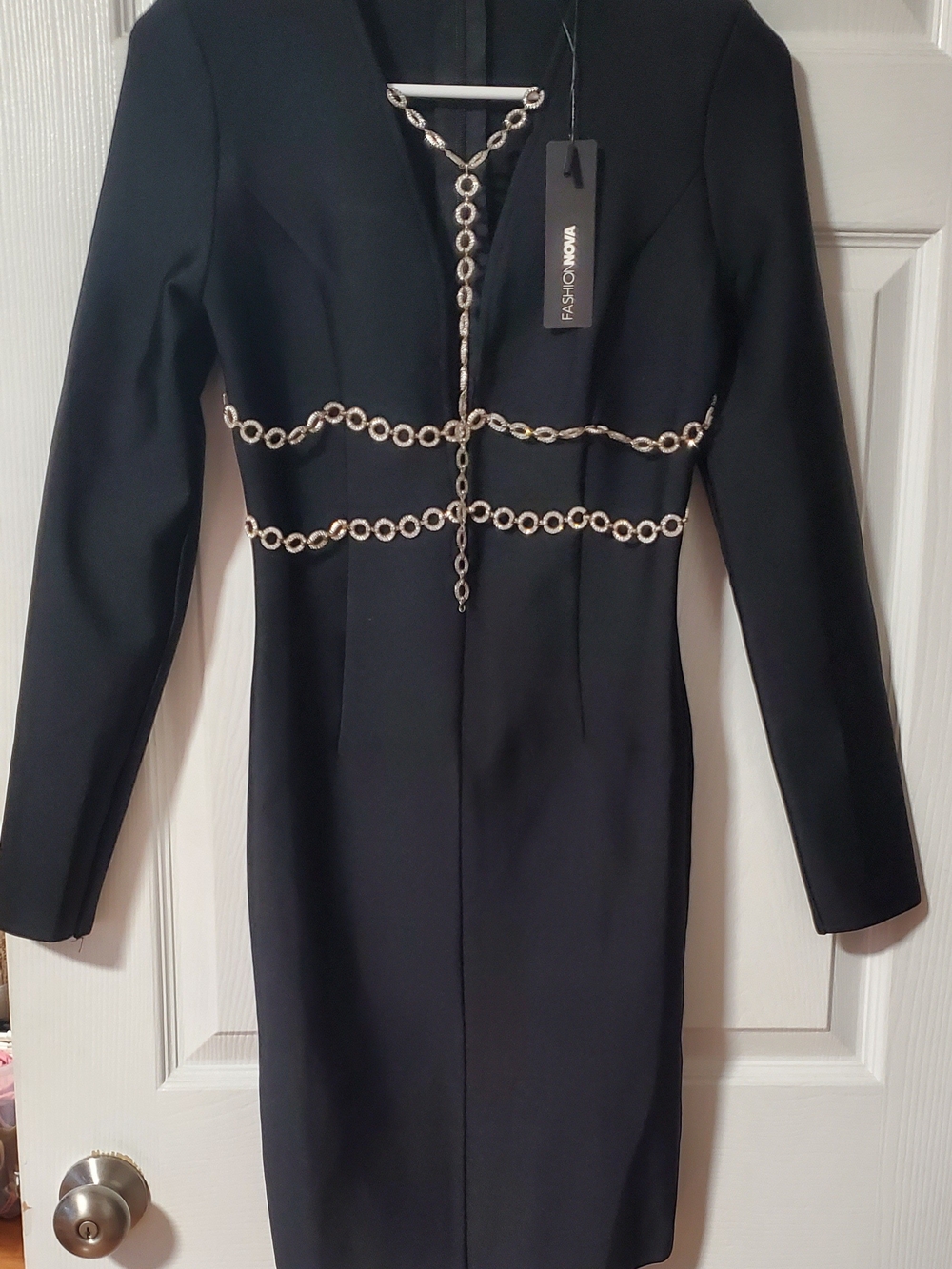 Fashion Nova Black Long Sleeve Bodycon Dress with Silver Chain Accents